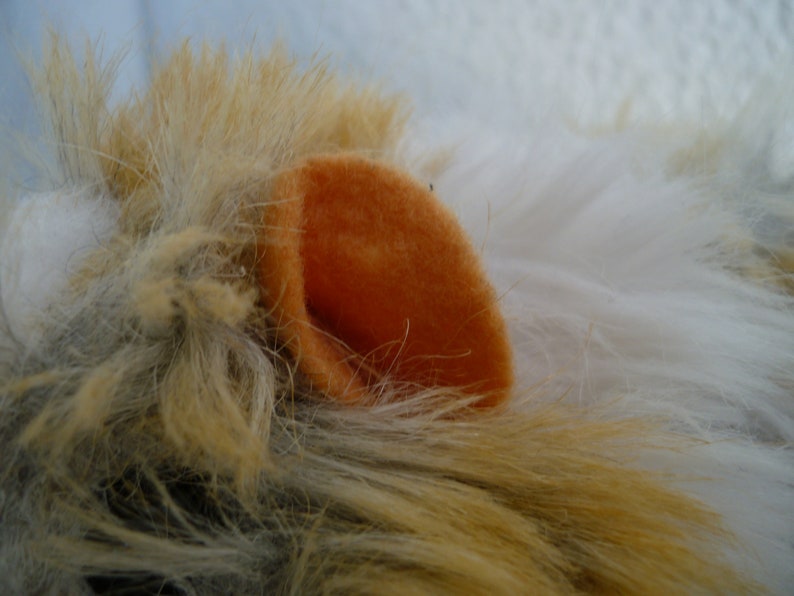 May include: Close-up of a plush toy with white and brown fur. The toy has an orange felt ear.