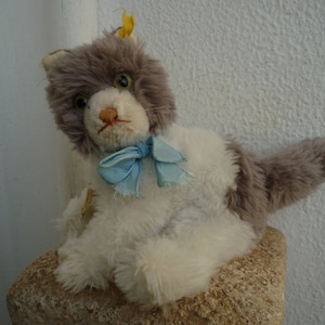 vintage,Steiff cat,cosy kitty,sitting position,swivel head,glass eyes,sewn nose,ear button,ragged label,chest tag & ribbon.
