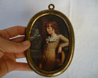 vintage,Venetian,Florentine,oval brass alloy,frame with renaissance style,child portrait print.