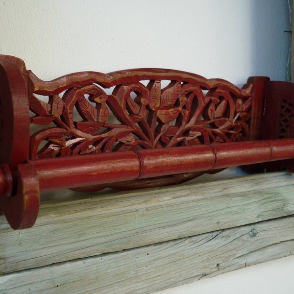 Vintage,hand-carved,Indian rail,distressed,ruby or cinnamon red paint,wooden folding rack