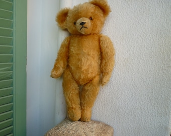 vintage,16&#39;&#39; mohair teddy bear,fully jointed,wood stuffed,glass eyes,embroidered nose & claws.
