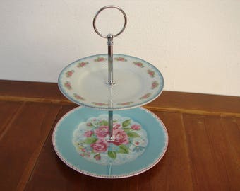 shabby pink roses & turquoise blue polka dots,small porcelain ceramic,2 tier,sweet,muffin,cake stand