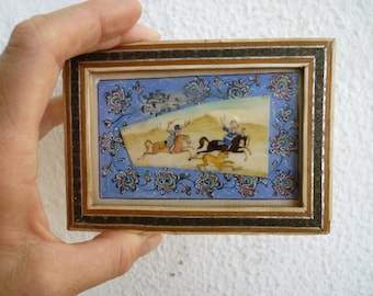 vintage,1976 Ali Sajjadi,miniature,small painting in original,micro mosaic inlaid frame.