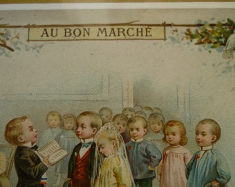 Matrimonio di bambini, Au Bon Marche, antico, incorniciato, stampa francese, pubblicazione, cartolina commerciale, pubblicità.