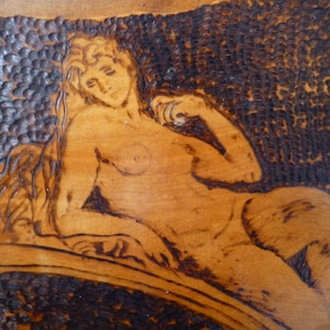 vintage,pyrography hanging wooden plaque,Greek maidens,goddesses,mythology,art school study1980&#39;s