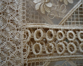 antique handmade lace,Made in Crete,Greek needle lace crochet,4 piece caramel,beige table cloth,runner & doilies set