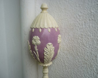 vintage,ornate,decorative egg,on long stand,purple,mauve with cream,flowers, & leaves.