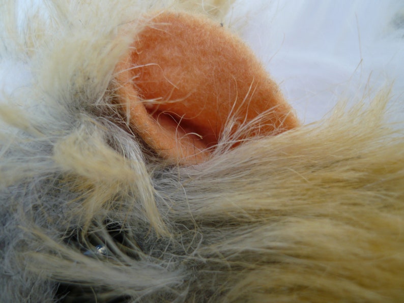 May include: Close-up of a plush toy's ear, featuring a soft, peach-colored fabric. The ear is surrounded by fluffy, light brown and gray fur.
