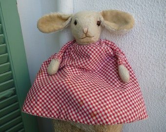 vintage TRUDI,topsy turvy,plush bunny rabbit & bear,glass eyes,reversible toy,gingham dress