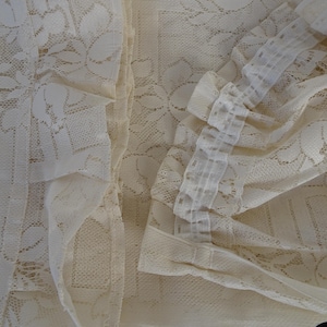May include: Close-up of off-white lace fabric with floral and geometric patterns. The fabric is layered, showing different textures and details. The edges have a delicate, ruffled trim. The overall aesthetic is vintage and elegant, suitable for apparel or home decor.