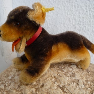 4&#39;&#39;,vintage,Steiff Lumpi,mohair dog,swivel head,glass eyes,red collar,open mouth,silverscript ear button.