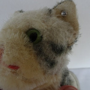 vintage,Steiff,tabby cat,stuffed kitty,mohair,unjointed.Silverscript ear button,working squeaker
