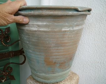 vintage,heavy,Greek,clay terracotta,crusty,garden planter,pot,old painted planter,shabby chic