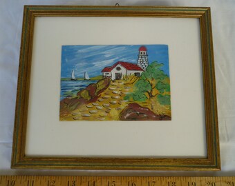 vintage,framed,signed print or painting,Yachts,lighthouse,seaside,primitive Mediterranean art.