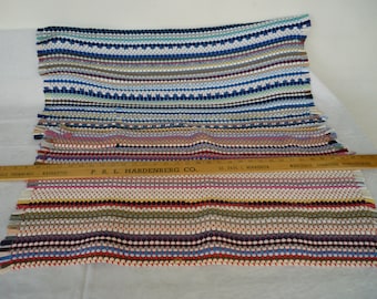 pair of vintage 1960's,handmade,small,Greek rag rugs,kourelou,bedside mats,blue & pink or red hues.