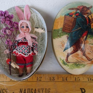 LETZTE,antik,Gebrüder Kuhnlenz,10 cm Mignonette,Puppe,Osterhase Hasenkleidung,Bisquit,Drahtglieder & Miniputzschwein in Vintage,Kartei.