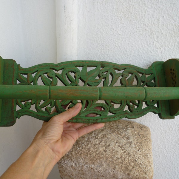 Vintage,hand-carved,Indian rail,distressed,green paint,ornate,wooden folding rack