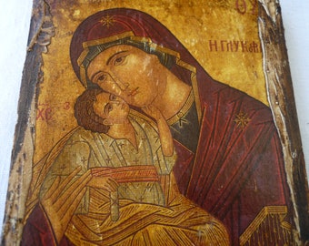 vintage Greek iconTheotokos Glykofilousa,Madonna & child,Our Lady,baby Jesus,print on wood.