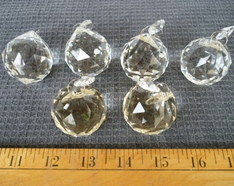 lot of 6 crystal,cut glass,polygon spheres,lamp parts with small octaganol prisms,from vintage glass chandelier