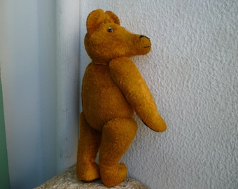 Oso de peluche vintage de 28 cm, inusual, de madera, con hocico largo, totalmente articulado, de cristal y con ojos de luna.