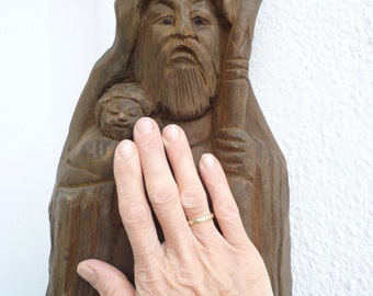 vintage,Asian,oriental,carved log,standing monk & child statue,old,wooden figure,carving