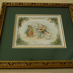 Peut inclure: Une illustration encadrée d'enfants jouant dans un parc avec le texte "Au Bon Marché" et "Bibelots soldés à la Paire!" dans le coin inférieur droit.