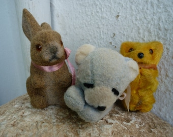 Lot of 3 vintage toys,silk plush teddy,sleeping bear & flocked plastic bunny