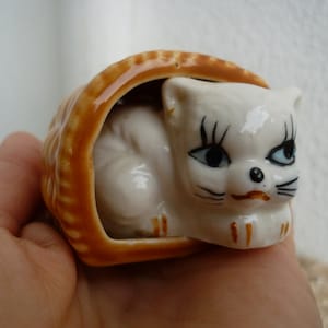 vintage,glazed,ceramic,cat in basket,small,figurine,ornament.