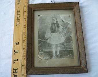 antique,tin framed 1929/30 photograph print,Evzone soldier,Greek traditional dress.