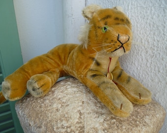 vintage, Teddy Hermann, tigre sdraiata, gatto selvatico con targhetta identificativa e cigolio