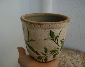 shabby chic,green roses,floral,glazed ceramic,small,vintage style,planter pot,French country style.