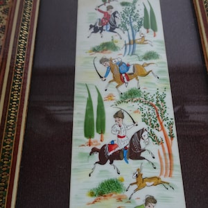 Antique,Persian painting on bone in original,micro mosaic inlaid frame,19 1/2&#39;&#39; x 5 3/4&#39;&#39;