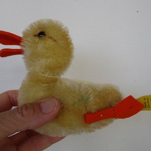 Può includere: Un'anatra di peluche gialla con becco e piedi in feltro arancione. L'anatra ha un'etichetta gialla attaccata alla zampa che recita "Made in Germany -  P.M. -  Nure".