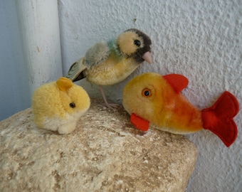 Lot of 3,vintage,Steiff toys,mohair bird,finch/tit with one leg,Flossy goldfish & pompom wool bunny rabbit.