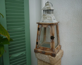 Vintage wood,glass & tin,shabby chic lantern,hinged door,ring to hang.