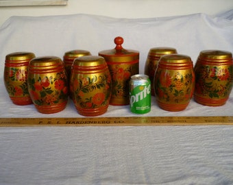 joblot,8 pieces,vintage,wooden,handpainted laquered pots with lids,floral,leaves fruit.