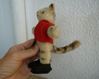 Very RARE,vintage,Hermann,striped mohair cat in felt shoes & waistcoat with id tag