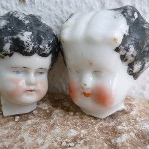 Two,broken,glazed,Antique,China doll heads,parts,flawed,Thuringia,German doll fragments.