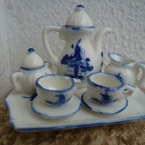 small ceramic tea set,delft blue windmill design,miniature tea service,platter,teapot,sugar creamer,cups,saucers