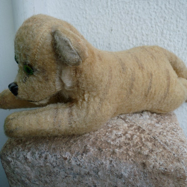 vintage,early tiger,primitive,stretched out cat,green,eyes,West Germany,old,stuffed plush toy