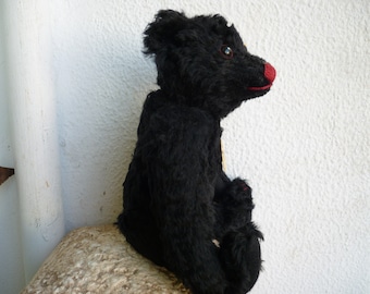 11 '' schwarz,Mohair,Steiff,Teddybär,005992,voll gegliedert,Ohrknopf & gelbe Fahne