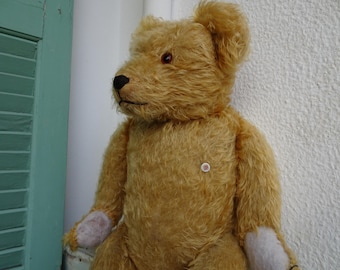 Antique,fully jointed,teddy bear,worn,threadbare,mohair