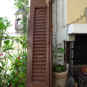 vintage,Greek,brown,wooden,shutter panel,chippy,flaking paint,solid wood,old hardware