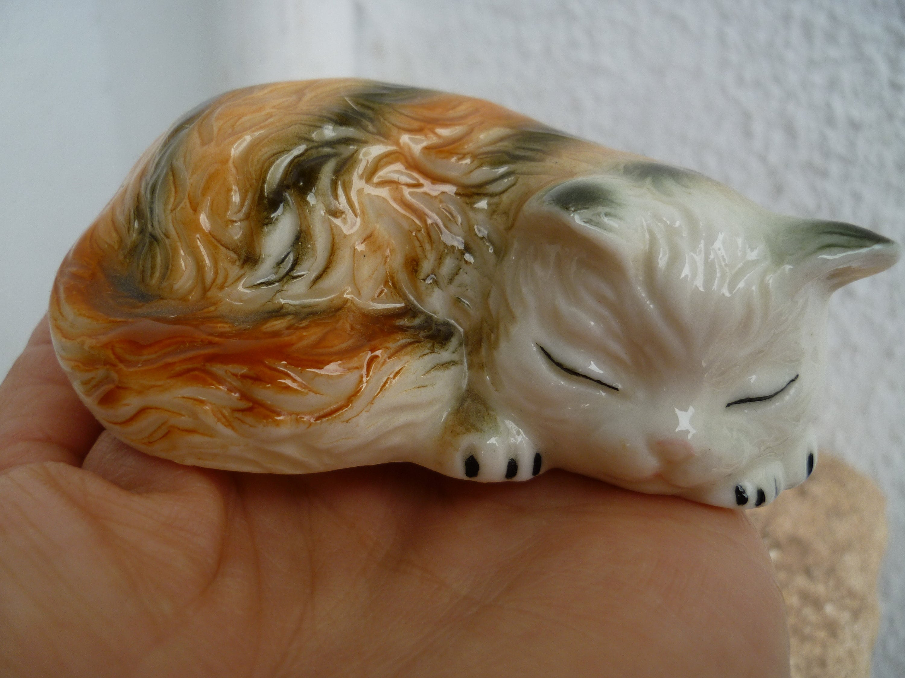 Vintage,glazed,ceramic,cat,sleeping,lying Kitten,small,figurine