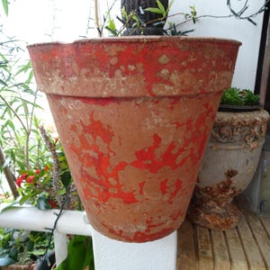 vintage Greek,clay terracotta,heavy planter,plant pot,flaky remnants of red or orange paint