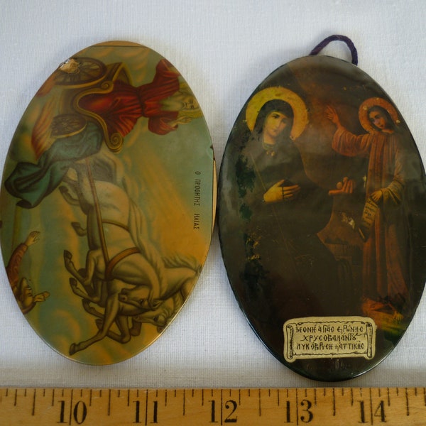 pair vintage,Greek icons,St.Irene,Prophet Ilias,small,oval tin plaques with paper icons covered in plastic