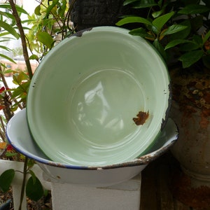 Vintage Enamel Bowls, Shabby Chic Kitchenware, White Blue Green Rim