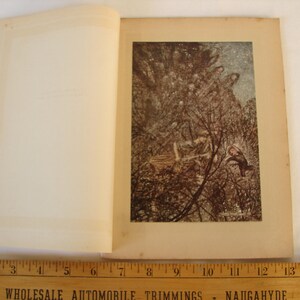 Puede incluir: Una página de libro abierta con una ilustración detallada en tonos marrones de una figura en un entorno forestal, situada sobre una regla de madera con medidas en cm y el texto Wholesale Automobile Trimmings Naugahyde impreso.