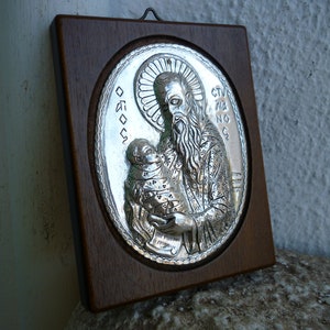 vintage 950 silver Greek icon,St.Stylianos & infant,small,precious wood plaque,with stamped silver relief.