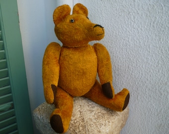 small,vintage,11'',unusual,long snouted,wood stuffed,teddy bear,fully jointed,glass,moon eyes.